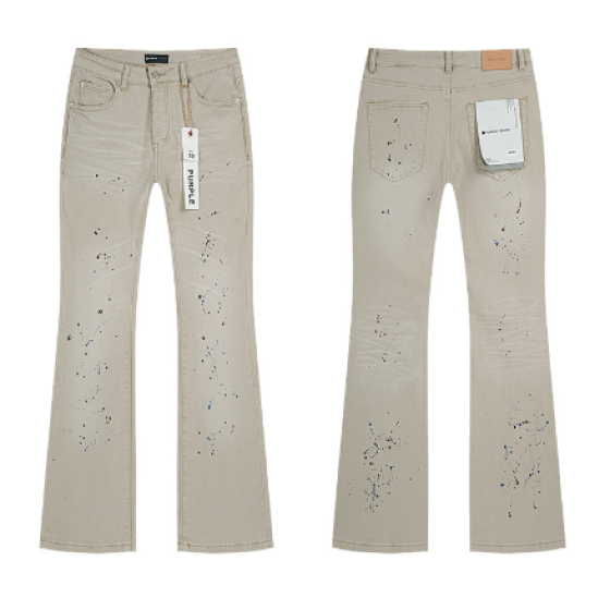 Beige Washed Flared Denim Jeans with Multicolor Paint Splatter